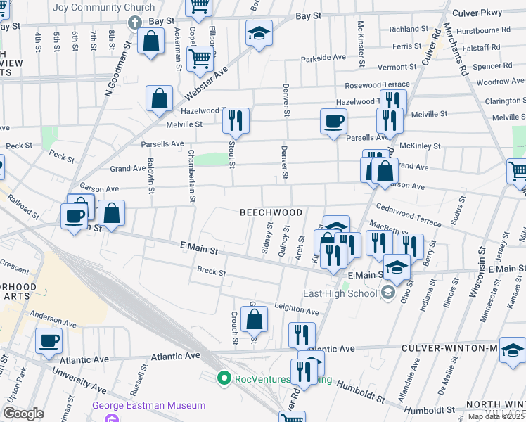 map of restaurants, bars, coffee shops, grocery stores, and more near 125 Cedarwood Terrace in Rochester