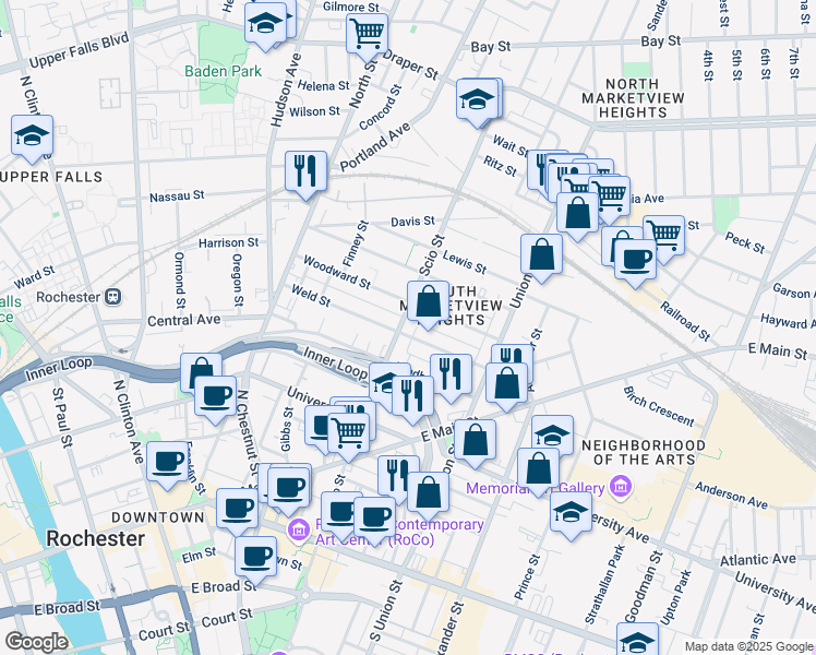 map of restaurants, bars, coffee shops, grocery stores, and more near 318 Scio Street in Rochester