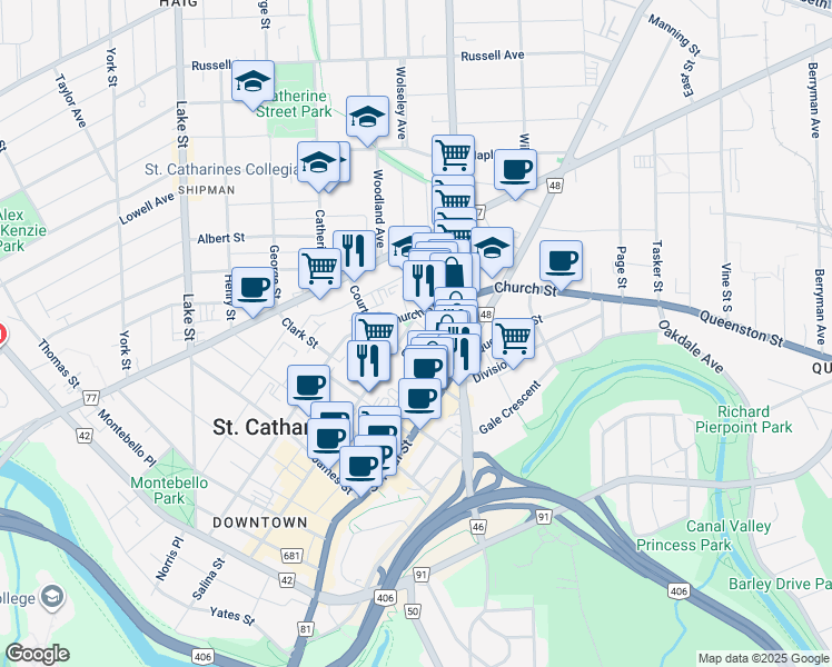 map of restaurants, bars, coffee shops, grocery stores, and more near 220 King Street in Saint Catharines