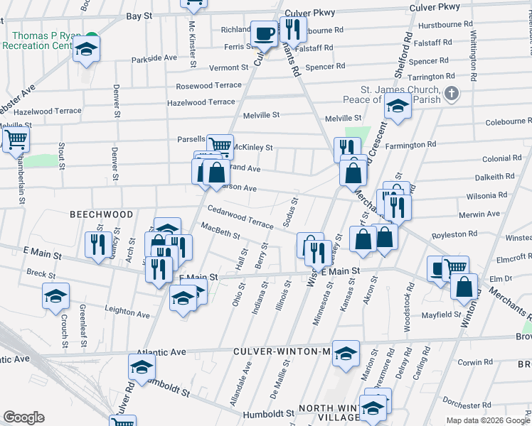 map of restaurants, bars, coffee shops, grocery stores, and more near 49 Alvord Street in Rochester