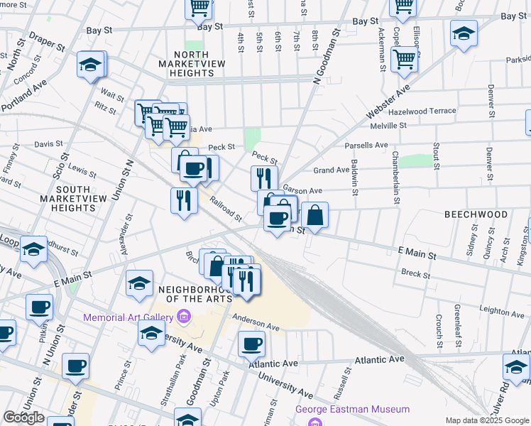map of restaurants, bars, coffee shops, grocery stores, and more near 486 Goodman Street North in Rochester