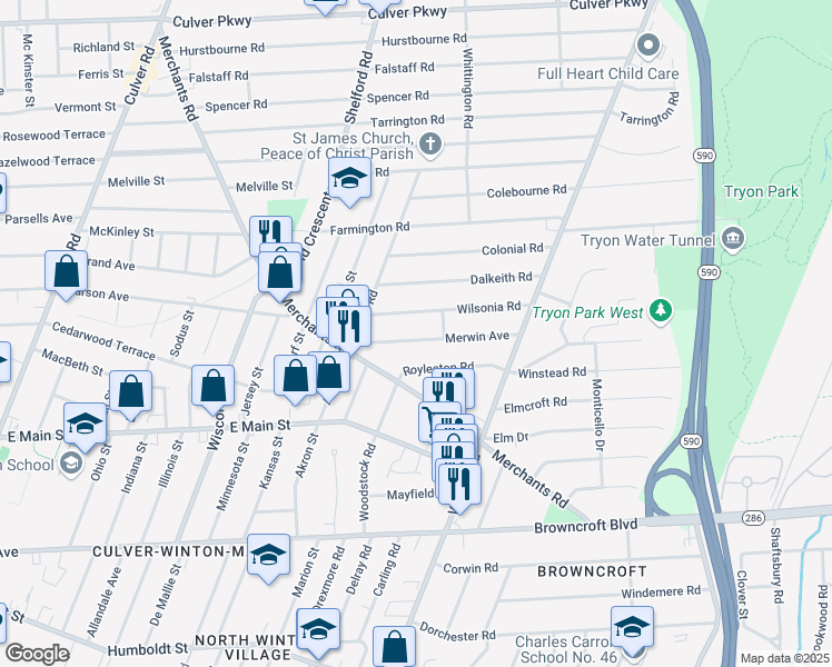map of restaurants, bars, coffee shops, grocery stores, and more near 84 Merwin Avenue in Rochester