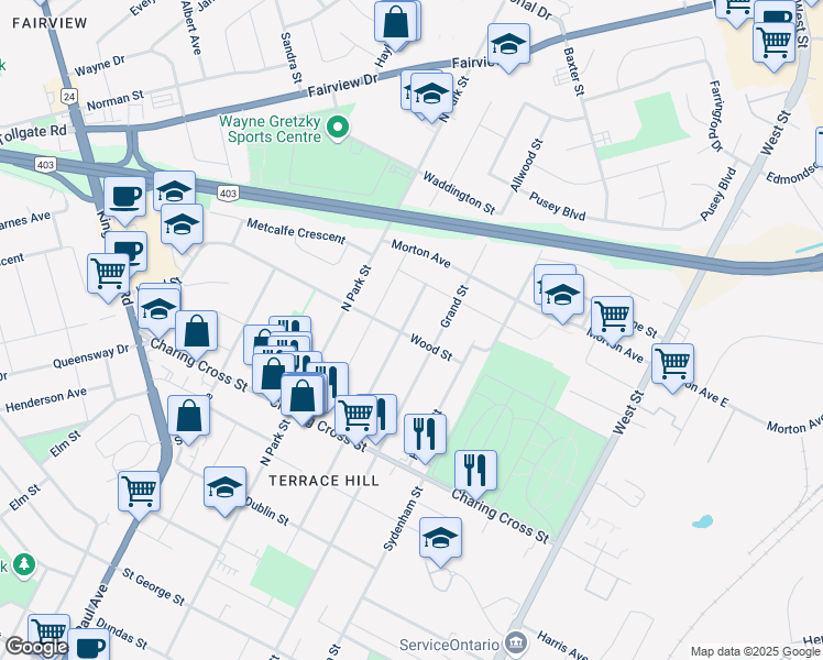 map of restaurants, bars, coffee shops, grocery stores, and more near 25 Wood Street in Brantford
