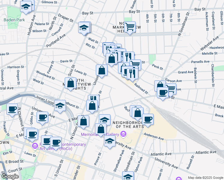 map of restaurants, bars, coffee shops, grocery stores, and more near 104 Prince Street in Rochester