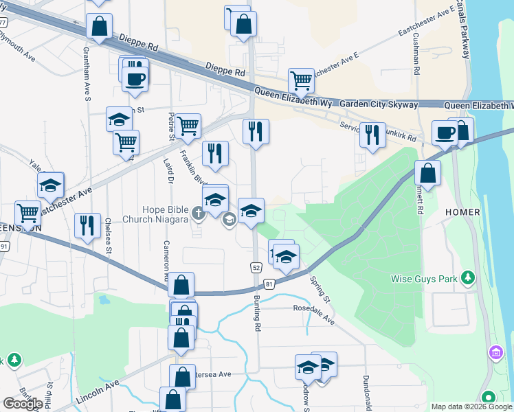 map of restaurants, bars, coffee shops, grocery stores, and more near 122 Bunting Road in Saint Catharines