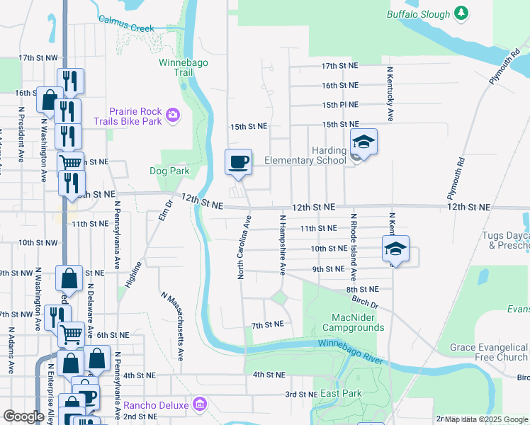 map of restaurants, bars, coffee shops, grocery stores, and more near 647 12th Street Northeast in Mason City