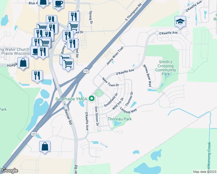 map of restaurants, bars, coffee shops, grocery stores, and more near 2597 New Town Drive in Sun Prairie