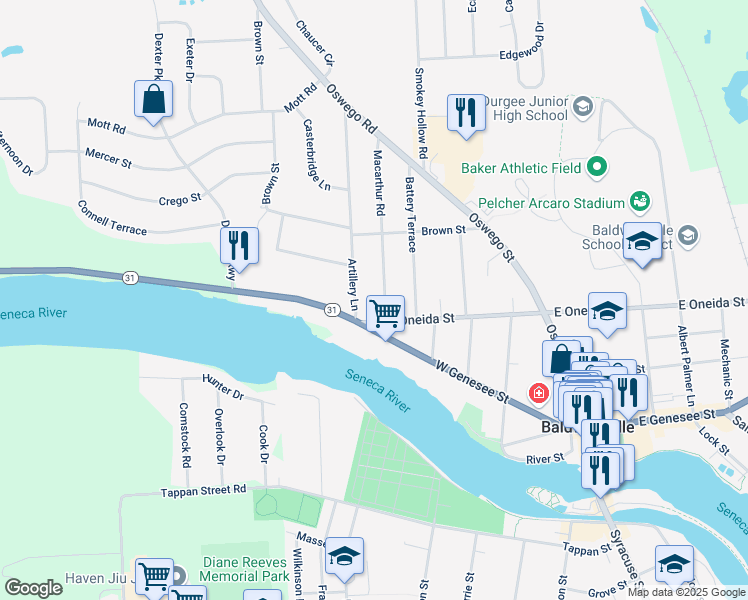 map of restaurants, bars, coffee shops, grocery stores, and more near 6 Artillery Lane in Baldwinsville