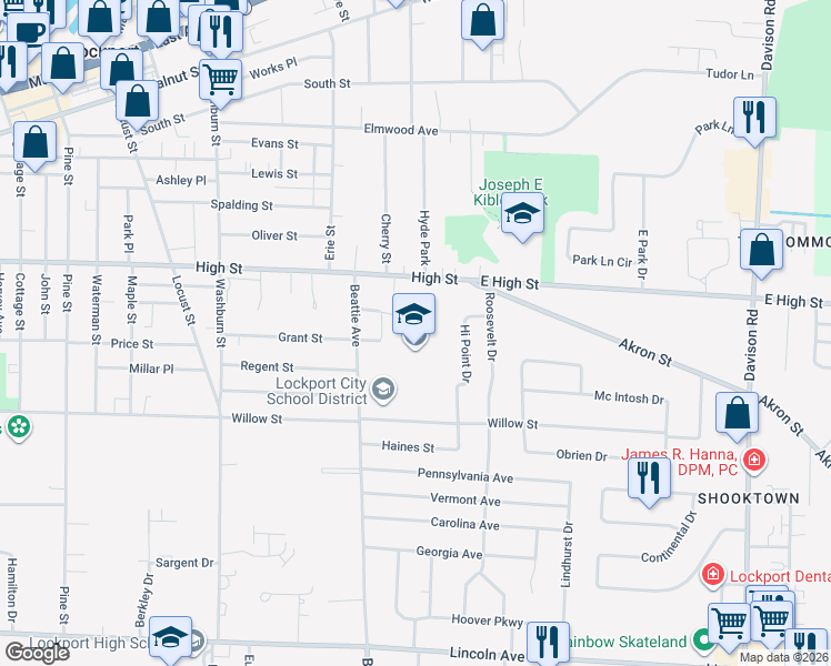 map of restaurants, bars, coffee shops, grocery stores, and more near 491 High Street in Lockport