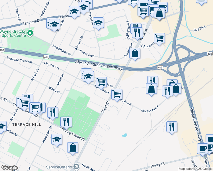 map of restaurants, bars, coffee shops, grocery stores, and more near 35 Byrne Street in Brantford
