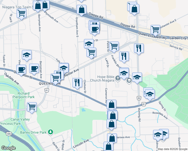 map of restaurants, bars, coffee shops, grocery stores, and more near in St. Catharines