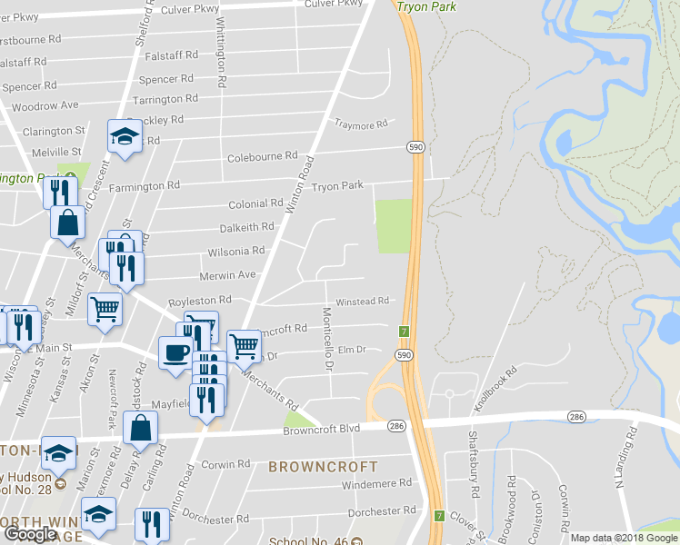 map of restaurants, bars, coffee shops, grocery stores, and more near 62 Edmonton Road in Rochester
