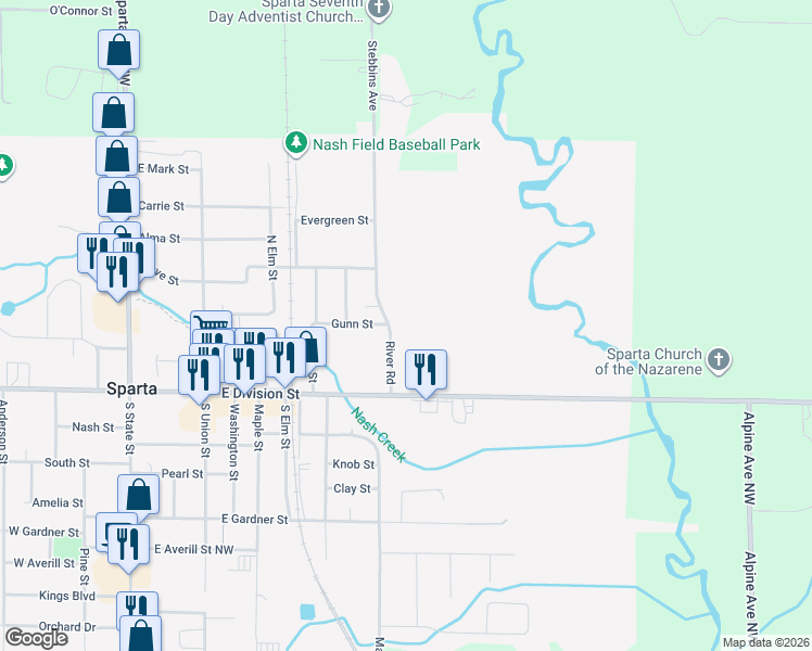 map of restaurants, bars, coffee shops, grocery stores, and more near 94 River Road in Sparta