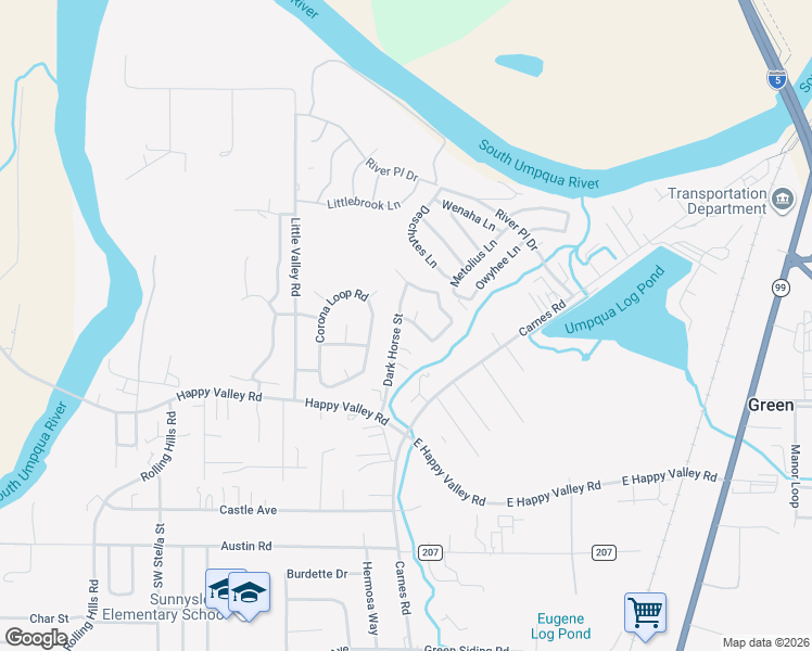 map of restaurants, bars, coffee shops, grocery stores, and more near 117 Adams Loop in Roseburg