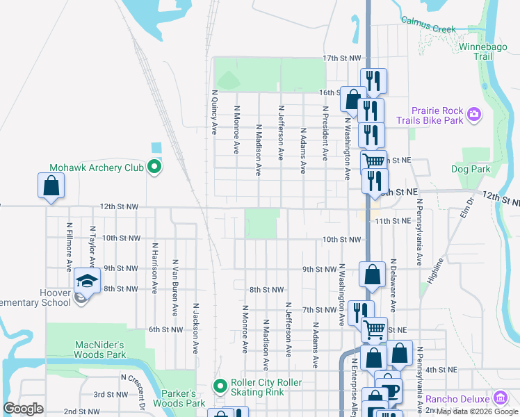 map of restaurants, bars, coffee shops, grocery stores, and more near 399 12th Street Northwest in Mason City