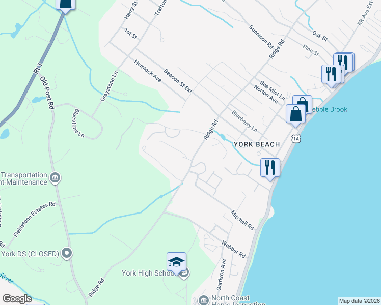 map of restaurants, bars, coffee shops, grocery stores, and more near 232 Ridge Road in York