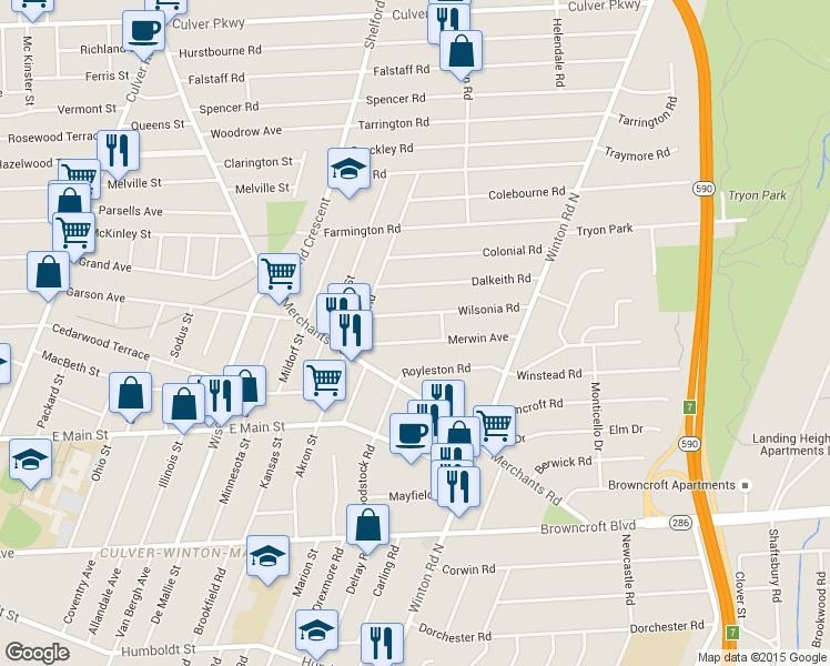 map of restaurants, bars, coffee shops, grocery stores, and more near 84 Merwin Avenue in Rochester