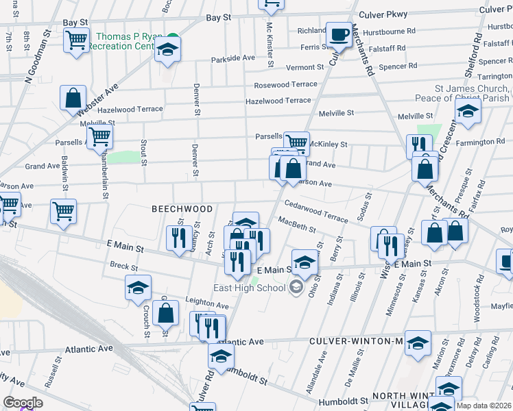 map of restaurants, bars, coffee shops, grocery stores, and more near 287 Cedarwood Terrace in Rochester
