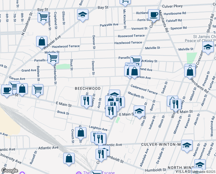 map of restaurants, bars, coffee shops, grocery stores, and more near 233 Cedarwood Terrace in Rochester