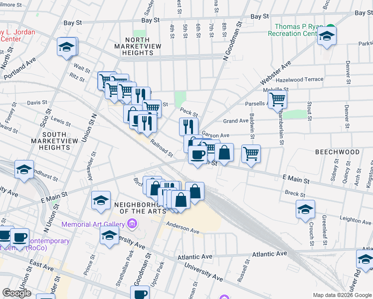 map of restaurants, bars, coffee shops, grocery stores, and more near in Rochester
