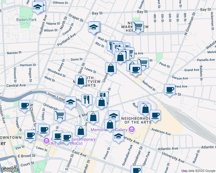 map of restaurants, bars, coffee shops, grocery stores, and more near 471 Alexander Street in Rochester