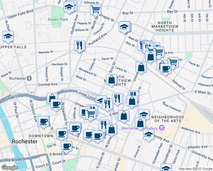 map of restaurants, bars, coffee shops, grocery stores, and more near 318 Scio Street in Rochester