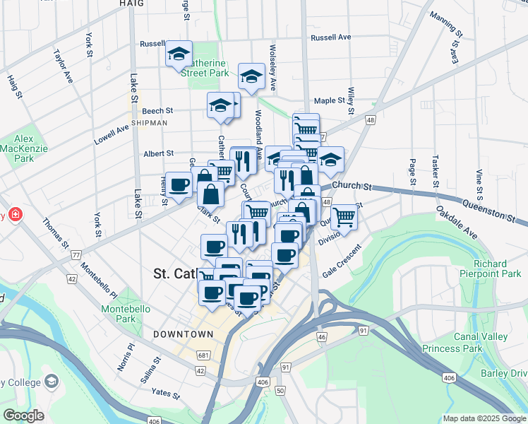 map of restaurants, bars, coffee shops, grocery stores, and more near in St. Catharines