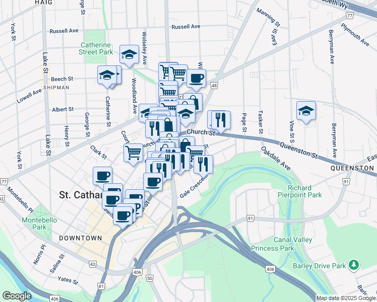 map of restaurants, bars, coffee shops, grocery stores, and more near 17 Queenston Street in St. Catharines