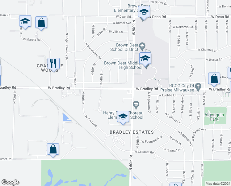 map of restaurants, bars, coffee shops, grocery stores, and more near 6201 West Bradley Road in Milwaukee