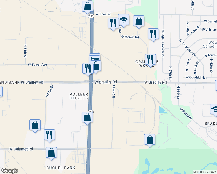 map of restaurants, bars, coffee shops, grocery stores, and more near 7303 West Bradley Road in Milwaukee