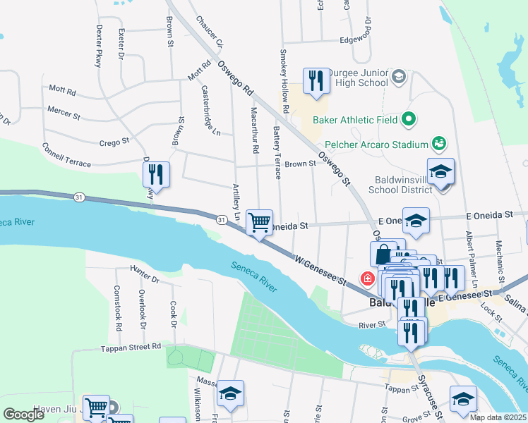 map of restaurants, bars, coffee shops, grocery stores, and more near 6 Macarthur Road in Baldwinsville