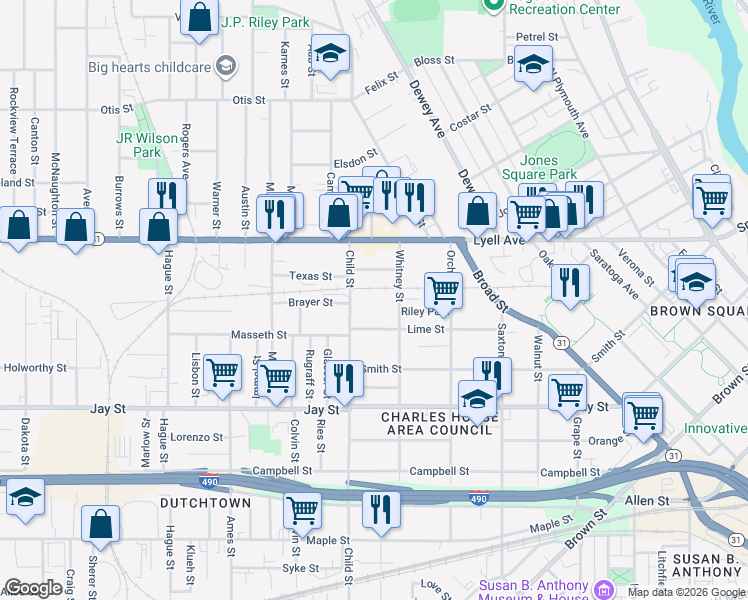 map of restaurants, bars, coffee shops, grocery stores, and more near 526 Child Street in Rochester