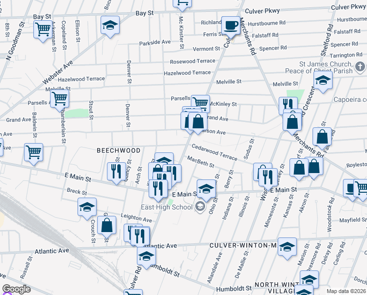 map of restaurants, bars, coffee shops, grocery stores, and more near 951 Culver Road in Rochester