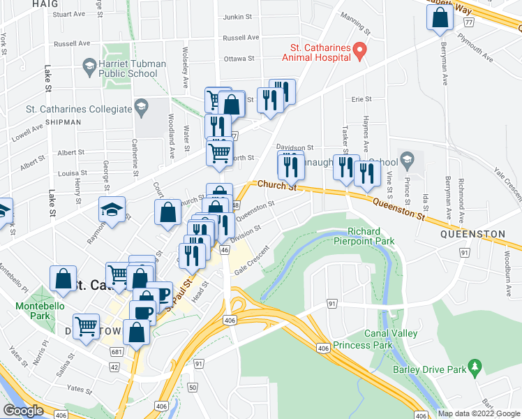 map of restaurants, bars, coffee shops, grocery stores, and more near 44 Queenston Street in Saint Catharines