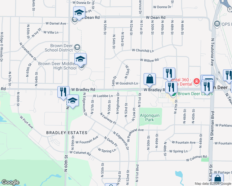 map of restaurants, bars, coffee shops, grocery stores, and more near 5404 West Luebbe Lane in Milwaukee