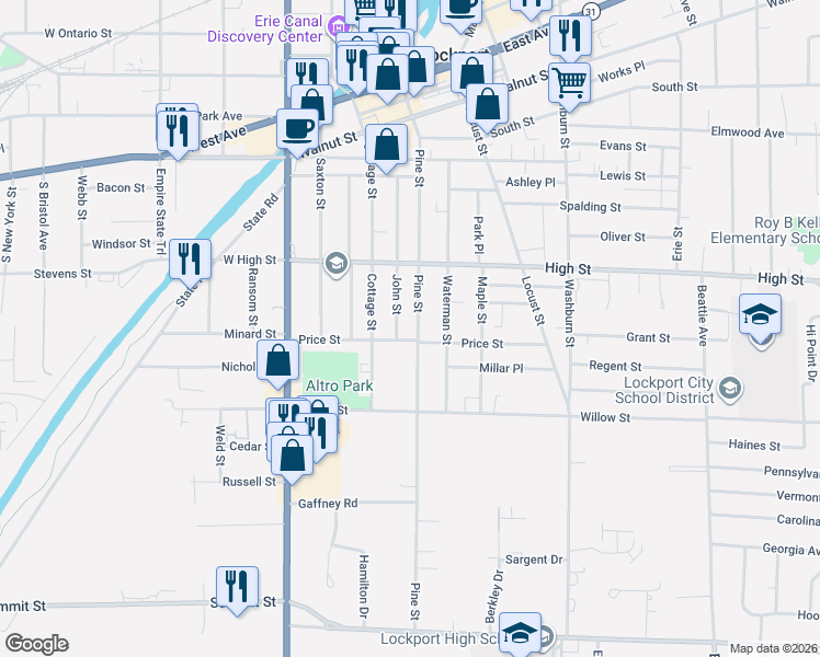 map of restaurants, bars, coffee shops, grocery stores, and more near 275 Pine Street in Lockport