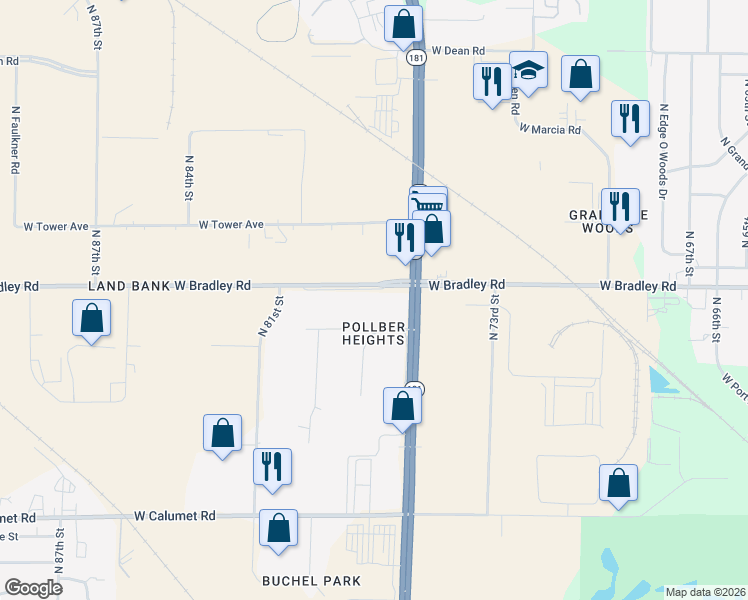 map of restaurants, bars, coffee shops, grocery stores, and more near 7717 W Bradley Rd in Milwaukee
