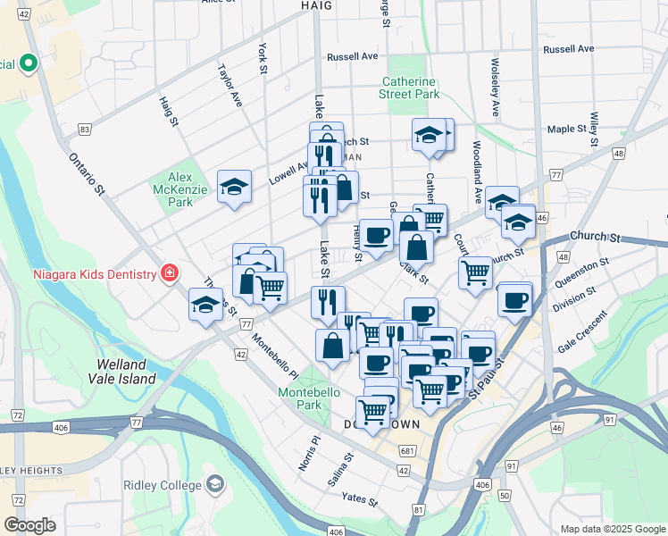 map of restaurants, bars, coffee shops, grocery stores, and more near in St. Catharines