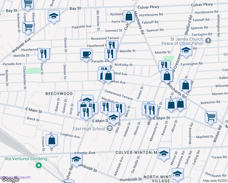 map of restaurants, bars, coffee shops, grocery stores, and more near 422 Cedarwood Terrace in Rochester