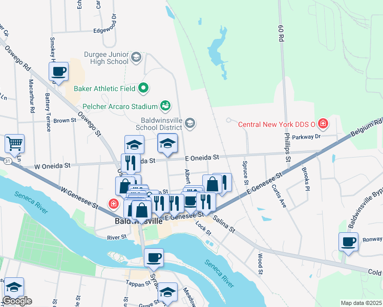 map of restaurants, bars, coffee shops, grocery stores, and more near 38 East Oneida Street in Baldwinsville