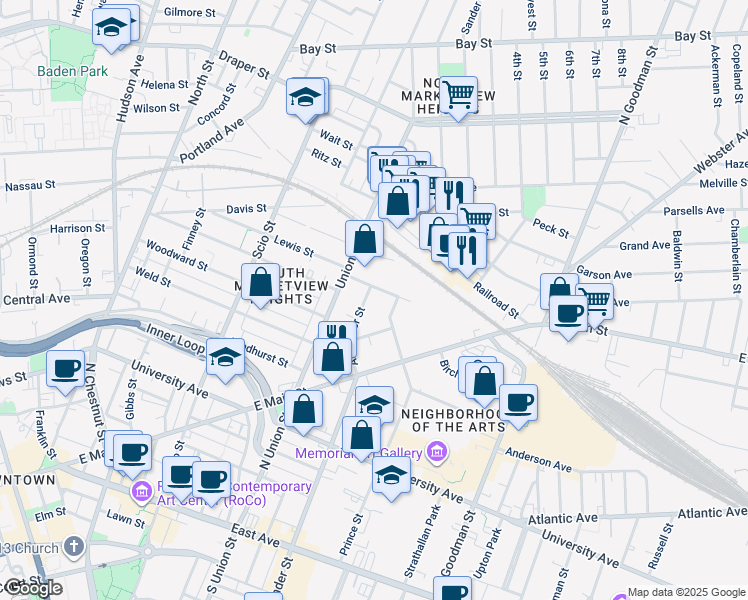 map of restaurants, bars, coffee shops, grocery stores, and more near 93 Prince Street in Rochester