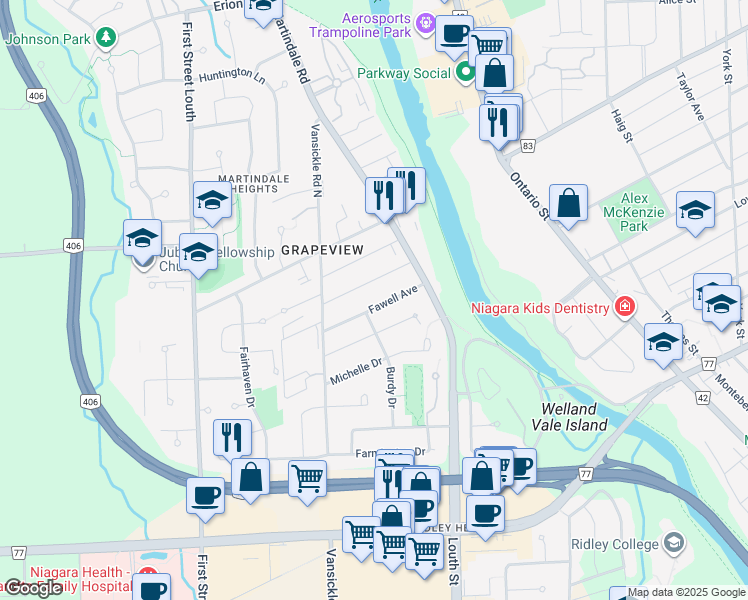 map of restaurants, bars, coffee shops, grocery stores, and more near in St. Catharines