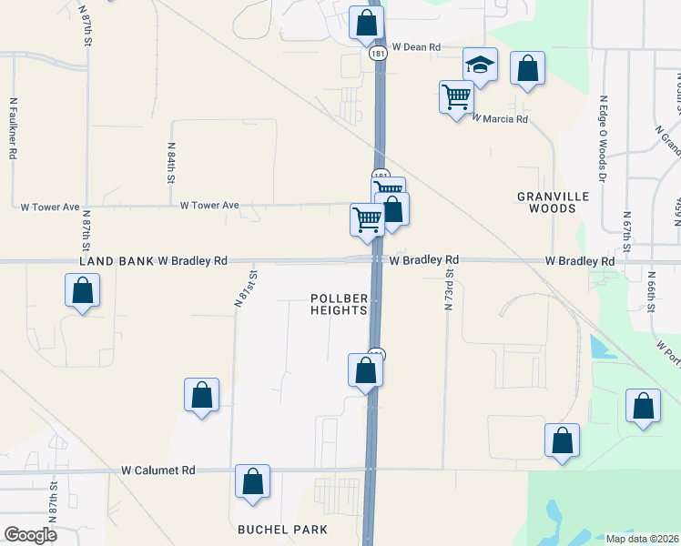 map of restaurants, bars, coffee shops, grocery stores, and more near 7717 West Bradley Road in Milwaukee