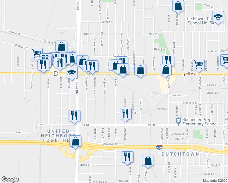 map of restaurants, bars, coffee shops, grocery stores, and more near 583 Glide Street in Rochester