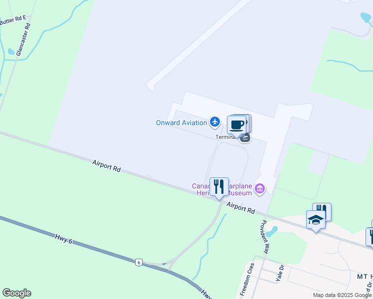 map of restaurants, bars, coffee shops, grocery stores, and more near 9300 Airport Road in Hamilton