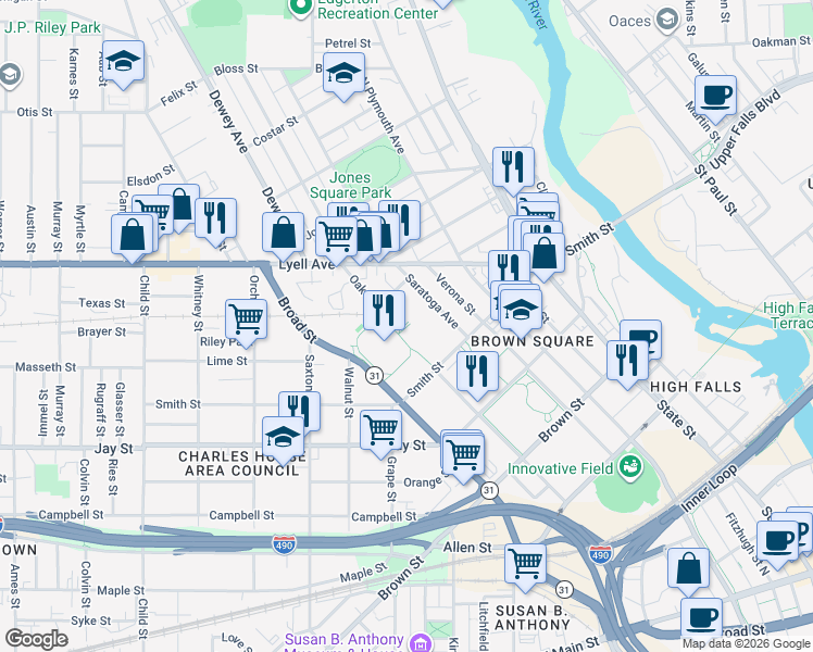 map of restaurants, bars, coffee shops, grocery stores, and more near 524 Oak Street in Rochester