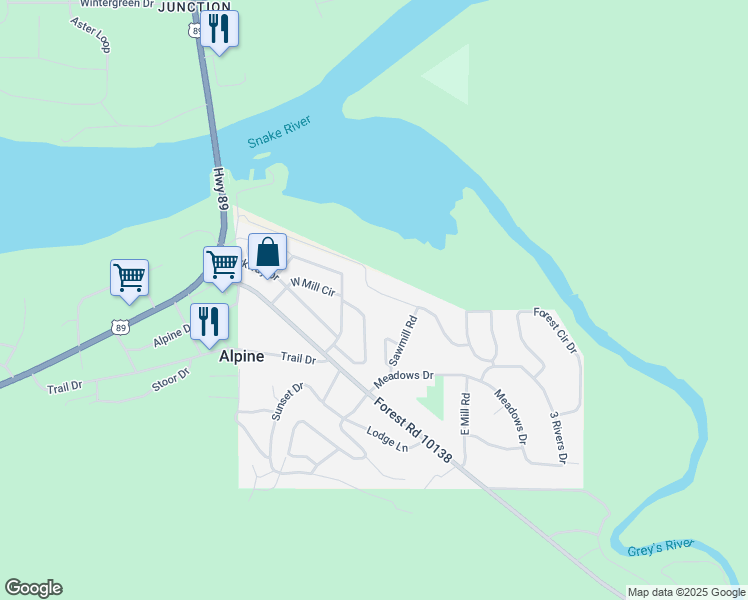 map of restaurants, bars, coffee shops, grocery stores, and more near 356 Wooden Spur Drive in Alpine