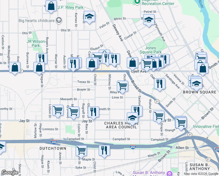 map of restaurants, bars, coffee shops, grocery stores, and more near 315 Whitney Street in Rochester