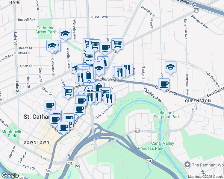 map of restaurants, bars, coffee shops, grocery stores, and more near 56 Queenston Street in St. Catharines