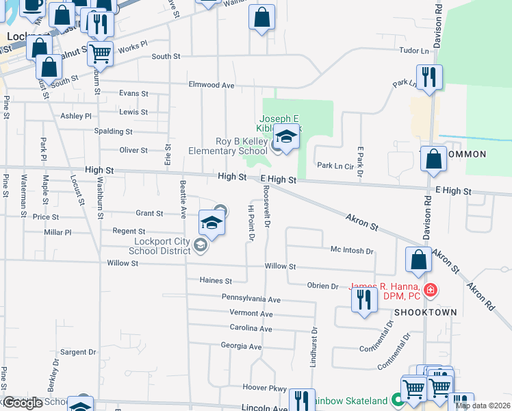 map of restaurants, bars, coffee shops, grocery stores, and more near 38 Hi Point Drive in Lockport